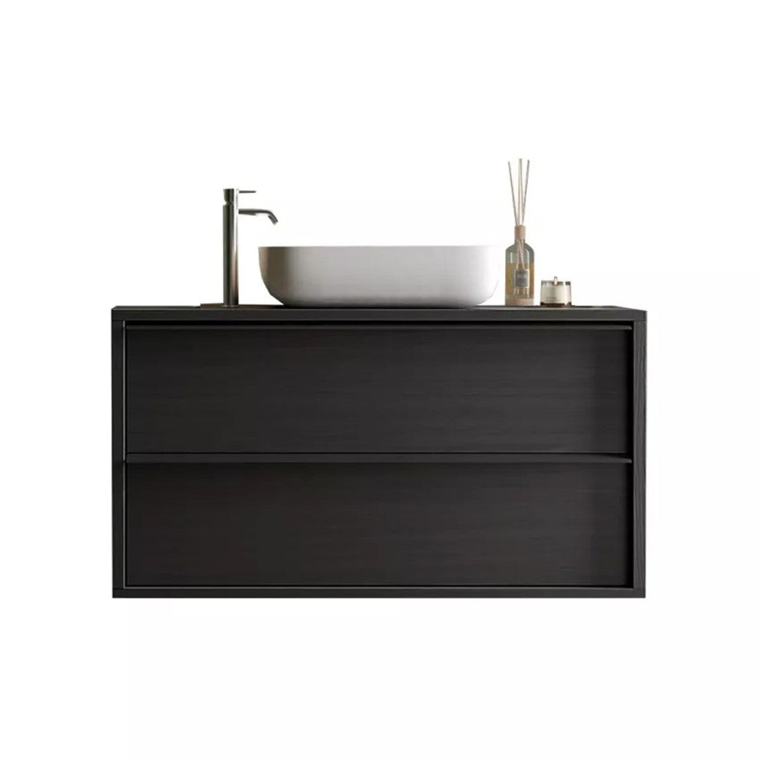 Mobile bagno sospeso FRASSI - Lavabo integrato - 2 cassetti - Nero cenere - Design moderno