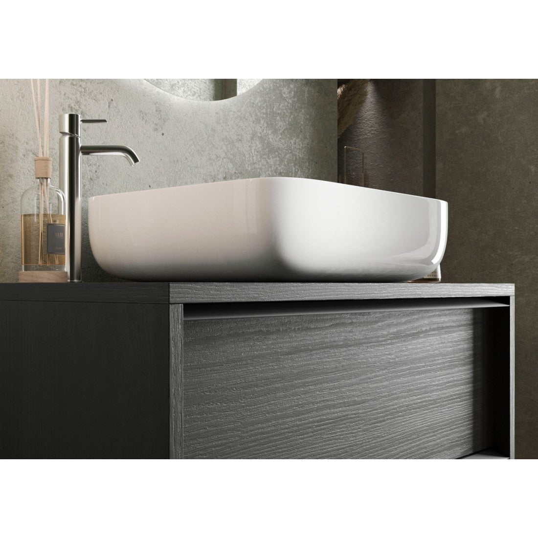 Mobile bagno sospeso FRASSI - Lavabo integrato - 2 cassetti - Nero cenere - Design moderno