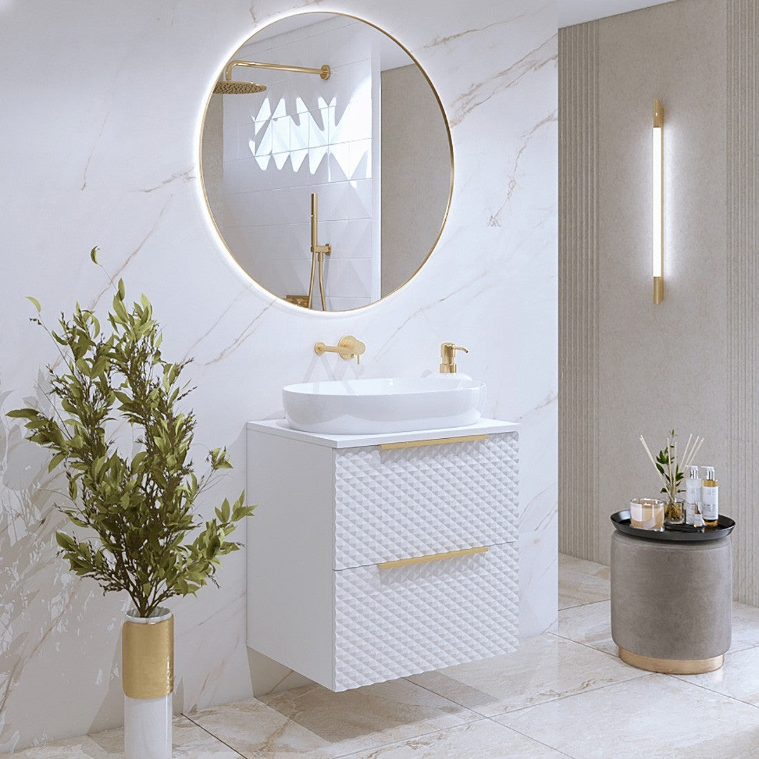 Mobile sottolavabo da bagno 60cm con 2 cassetti collezione CHIC color bianco e dorato