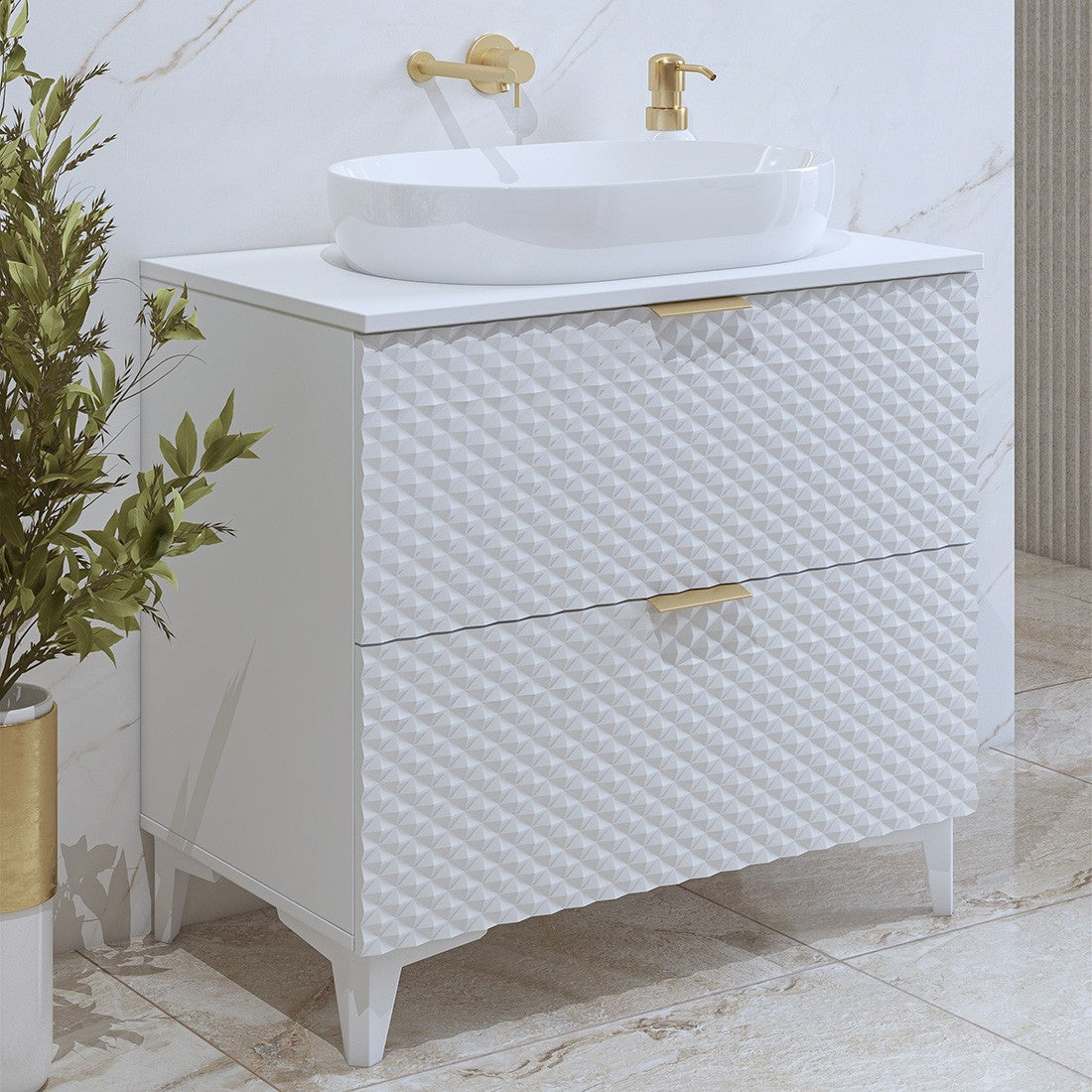 Mobile sotto lavabo da bagno 80cm con 2 cassetti collezione CHIC color bianco e dorato