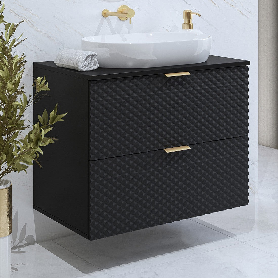 Mobile sottolavabo da bagno 80cm con 2 cassetti collezione CHIC color nero e dorato