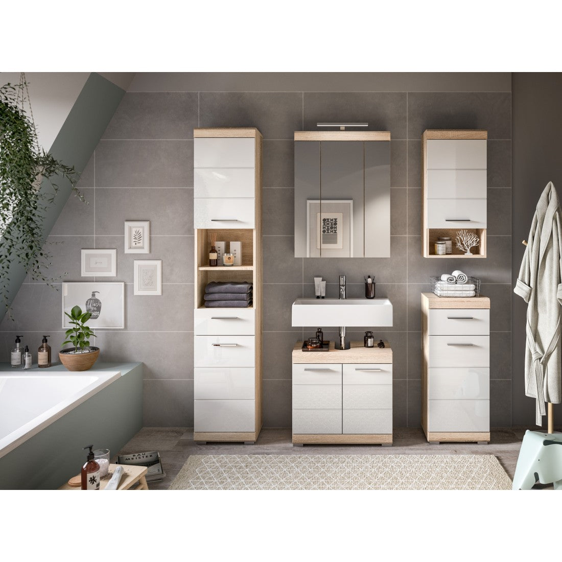 Mobile sottolavabo LEWOTO – 2 porte – Bianco e rovere chiaro