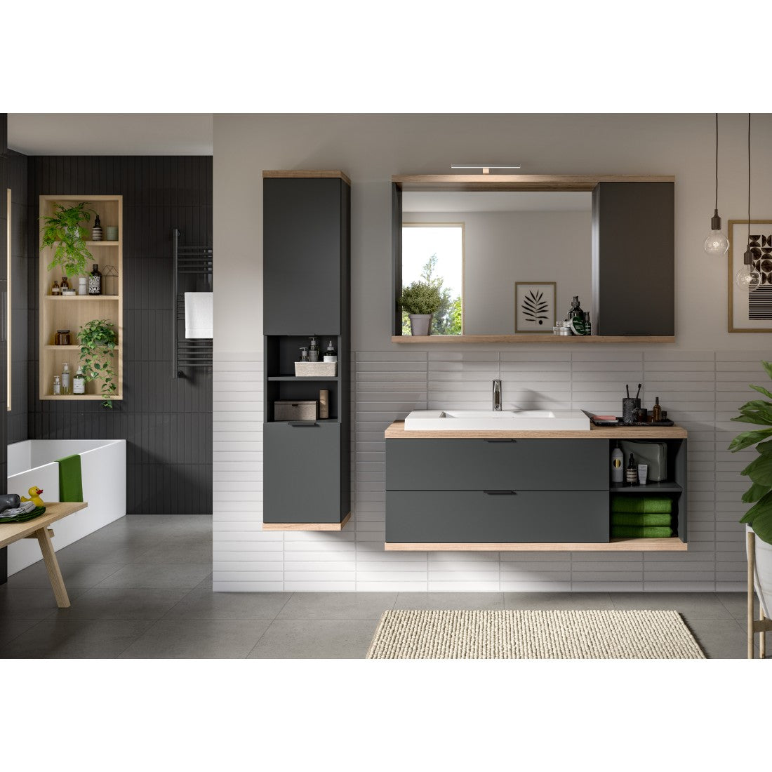 Mobile sottolavabo NOYA grigio da appendere – 2 cassetti + nicchia, 130 cm, senza lavabo