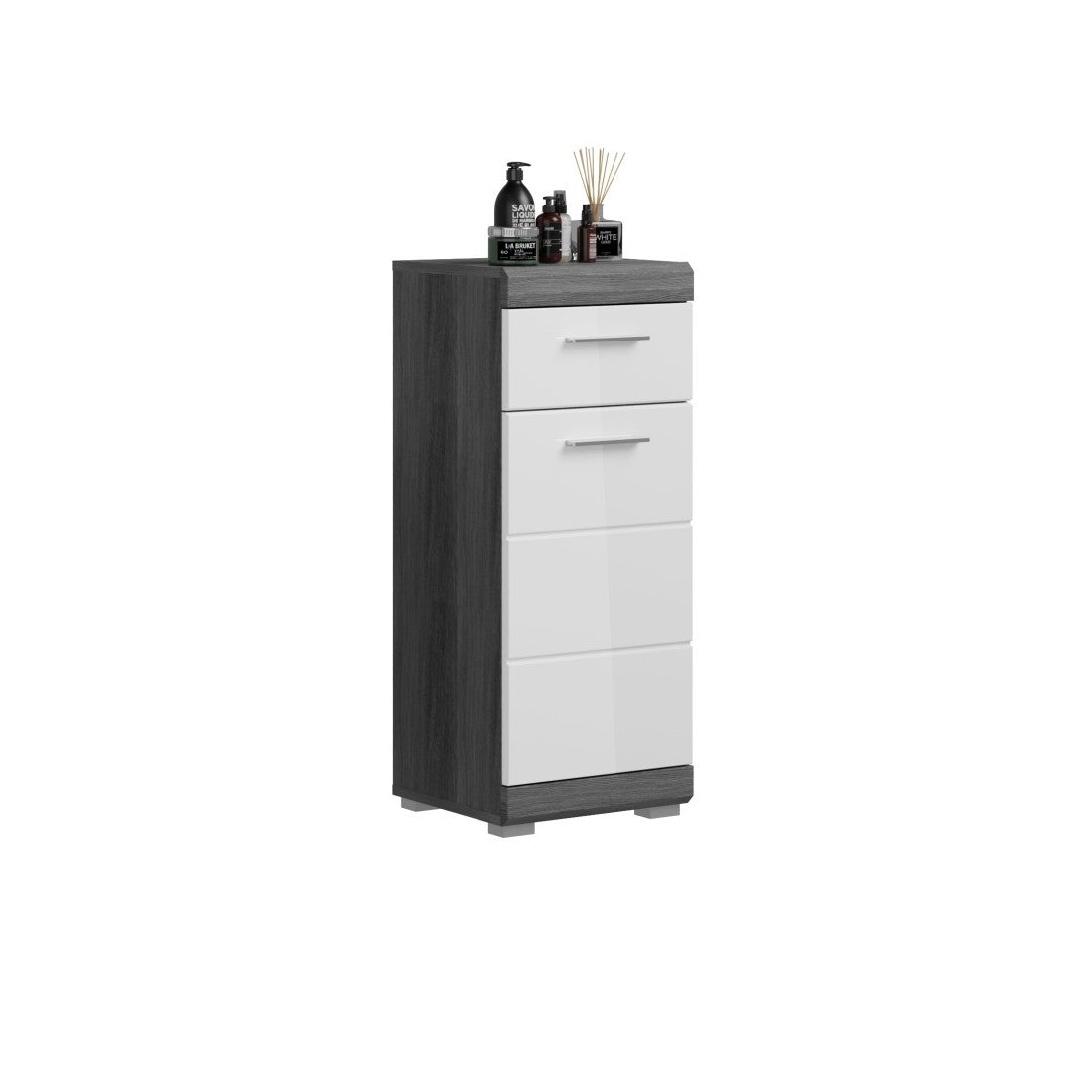 Mobiletto basso SCOTT - 1 porta e 1 cassetto - Grigio scuro e bianco - 37x88x31 cm