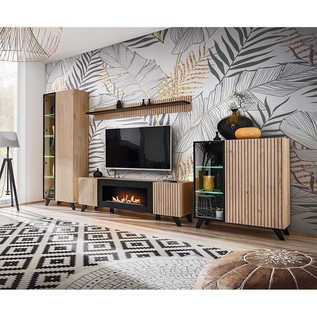 Mobile TV design con camino decorativo color rovere e nero collezione NIELSEN.