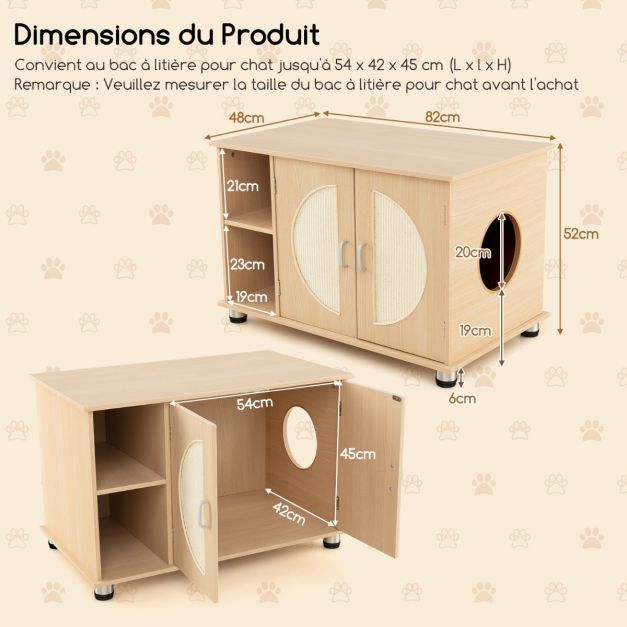 Toilette per gatti porte antigraffio in sisal gambe regolabili in metallo 2 scomparti lettiera per gatti naturale 20_0008835