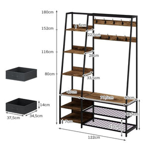 Mobile ingresso appendiabiti grande 9 ganci doppi 2 cassetti 6 ripiani 1 scarpiera marrone stile industriale 20_0005273