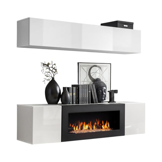 Mobili sospesi con camino decorativo collezione FLY N1. Colore bianco.