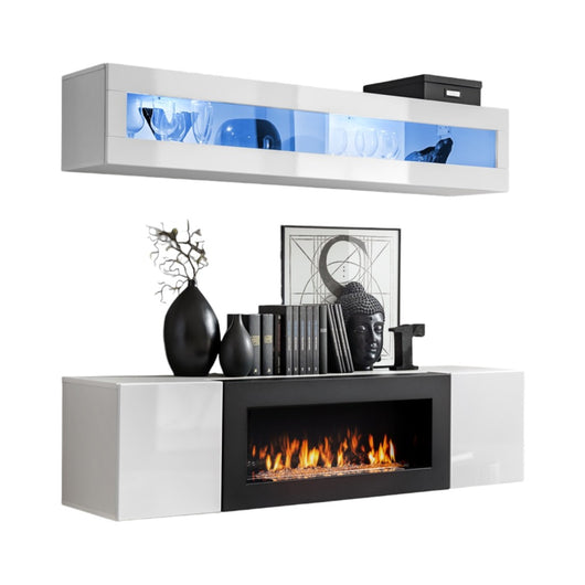 Mobili sospesi con camino decorativo collezione FLY N2. Colore bianco.