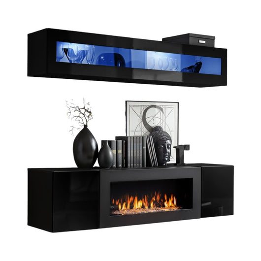 Mobili sospesi con camino decorativo collezione FLY N2. Colore nero.