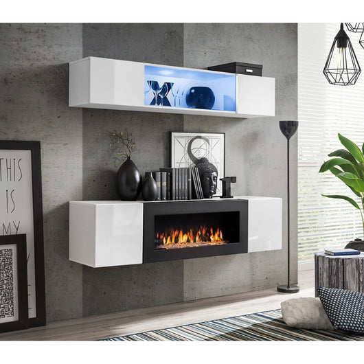 Mobili sospesi con camino decorativo collezione FLY N3. Colore bianco.