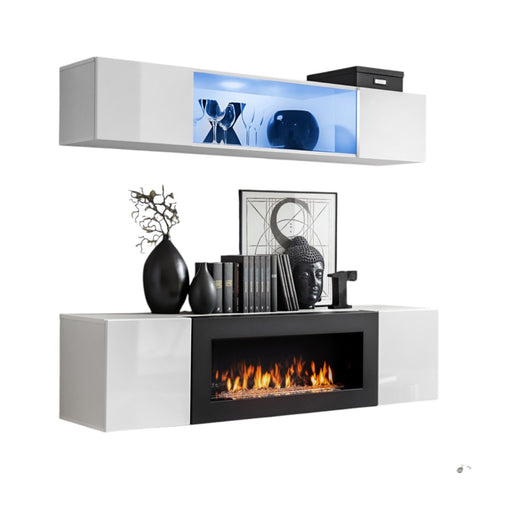 Mobili sospesi con camino decorativo collezione FLY N3. Colore bianco.
