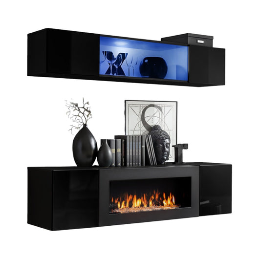 Mobili sospesi con camino decorativo FLY N3 - Nero - Mobile TV sospeso di design per il tuo soggiorno