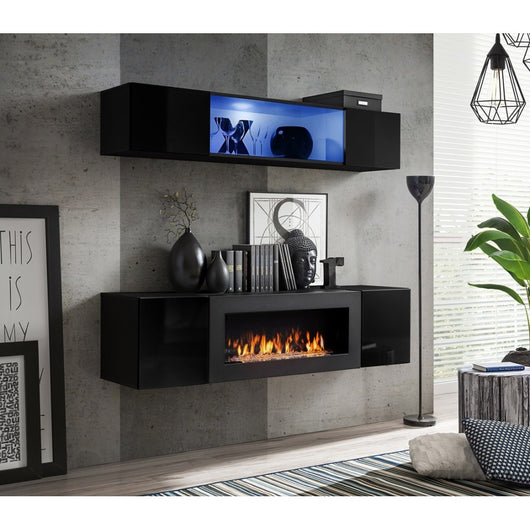 Mobili sospesi con camino decorativo FLY N3 - Nero - Mobile TV sospeso di design per il tuo soggiorno
