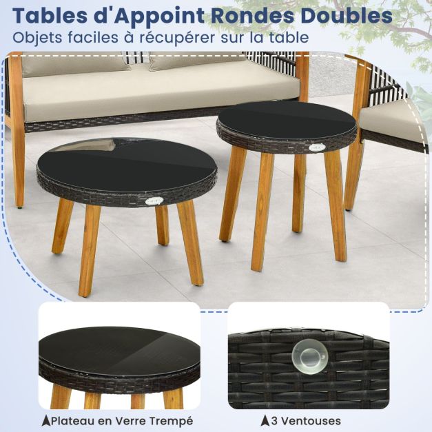 Set di mobili da giardino 5 pezzi con divanetto 2 sedie e 2 tavolini da caffè Set di mobili da esterno in rattan Struttura in legno di acacia per portico Marrone 20_0009210