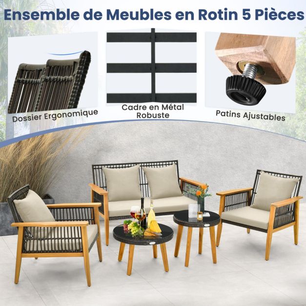 Set di mobili da giardino 5 pezzi con divanetto 2 sedie e 2 tavolini da caffè Set di mobili da esterno in rattan Struttura in legno di acacia per portico Marrone 20_0009210