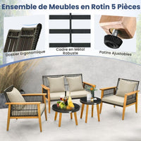 Set di mobili da giardino 5 pezzi con divanetto 2 sedie e 2 tavolini da caffè Set di mobili da esterno in rattan Struttura in legno di acacia per portico Marrone 20_0009210