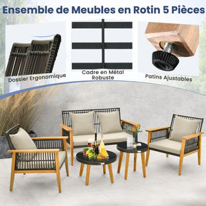 Set di mobili da giardino 5 pezzi con divanetto 2 sedie e 2 tavolini da caffè Set di mobili da esterno in rattan Struttura in legno di acacia per portico Marrone 20_0009210