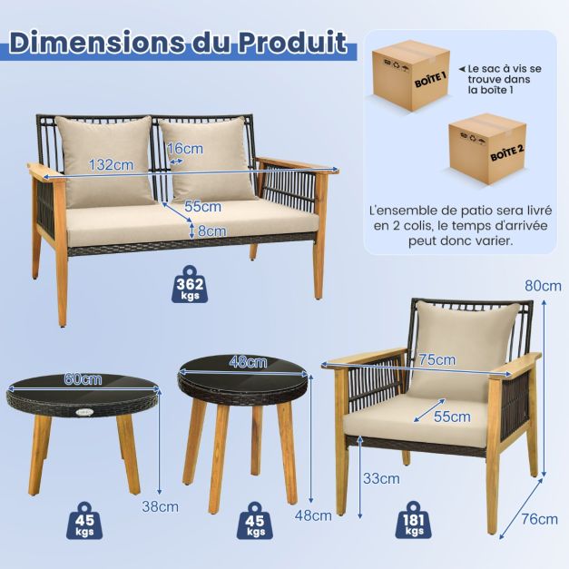 Set di mobili da giardino 5 pezzi con divanetto 2 sedie e 2 tavolini da caffè Set di mobili da esterno in rattan Struttura in legno di acacia per portico Marrone 20_0009210