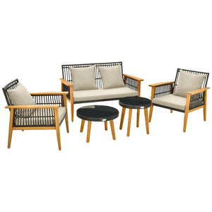 Set di mobili da giardino 5 pezzi con divanetto 2 sedie e 2 tavolini da caffè Set di mobili da esterno in rattan Struttura in legno di acacia per portico Marrone 20_0009210