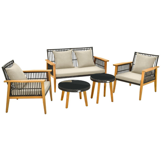 Set di mobili da giardino 5 pezzi con divanetto 2 sedie e 2 tavolini da caffè Set di mobili da esterno in rattan Struttura in legno di acacia per portico Marrone 20_0009210