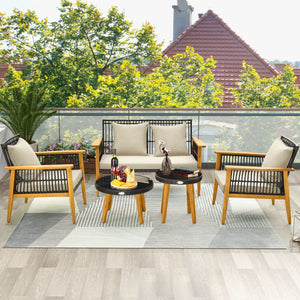 Set di mobili da giardino 5 pezzi con divanetto 2 sedie e 2 tavolini da caffè Set di mobili da esterno in rattan Struttura in legno di acacia per portico Marrone 20_0009210