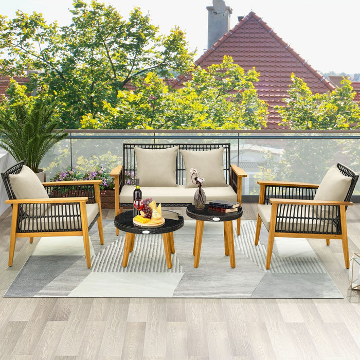 Set di mobili da giardino 5 pezzi con divanetto 2 sedie e 2 tavolini da caffè Set di mobili da esterno in rattan Struttura in legno di acacia per portico Marrone 20_0009210