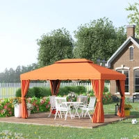 Gazebo da Giardino 4x3m con Doppio Tetto e Tende Laterali, Arancione