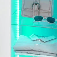 Mobiletto da Salotto Bianco in Truciolato e Metallo con Luci LED Blu, 3 Ripiani Aperti e Armadietto, 75x35x82 cm