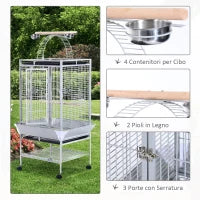 Voliera per Uccelli con Ruote Altezza 161.5cm, Vaschette in Acciaio e Trespoli in Legno, Argento