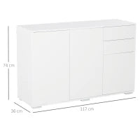 Mobiletto Multiuso in Legno Bianco con 2 Cassetti e 2 Armadietti con Apertura a Pressione, 117x36x74 cm