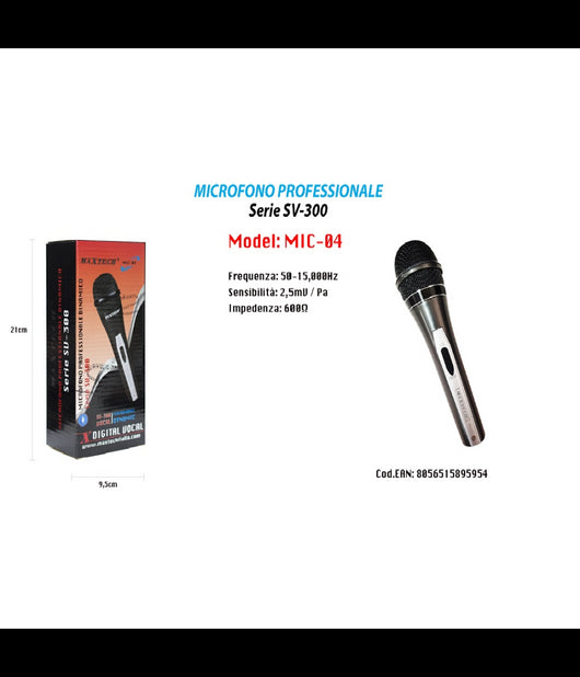 Microfono Dinamico Unidirezionale 18cm Cavo 2mt Xlr-jack On/off Karaoke Maxtech Mic-04         