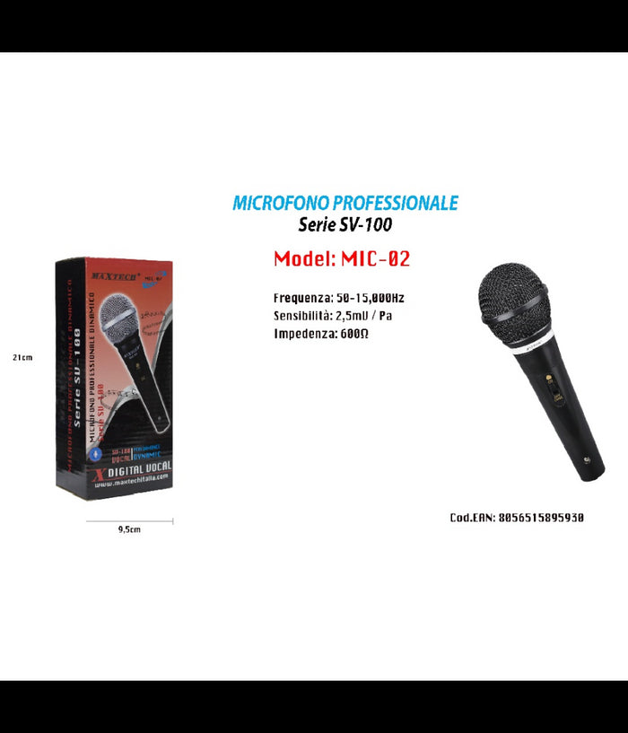 Microfono Unidirezionale 17,5cm On/off Cavo 2mt Xlr Jack Karaoke Maxtech Mic-02         
