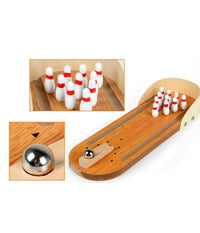 Mini Boowling Gioco Da Tavolo In Legno Con 10 Birilli E Palla In Metallo         