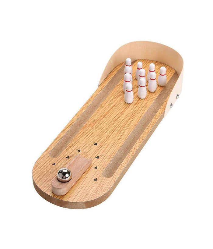 Mini Boowling Gioco Da Tavolo In Legno Portatile Palla Metallo Giocattoli         