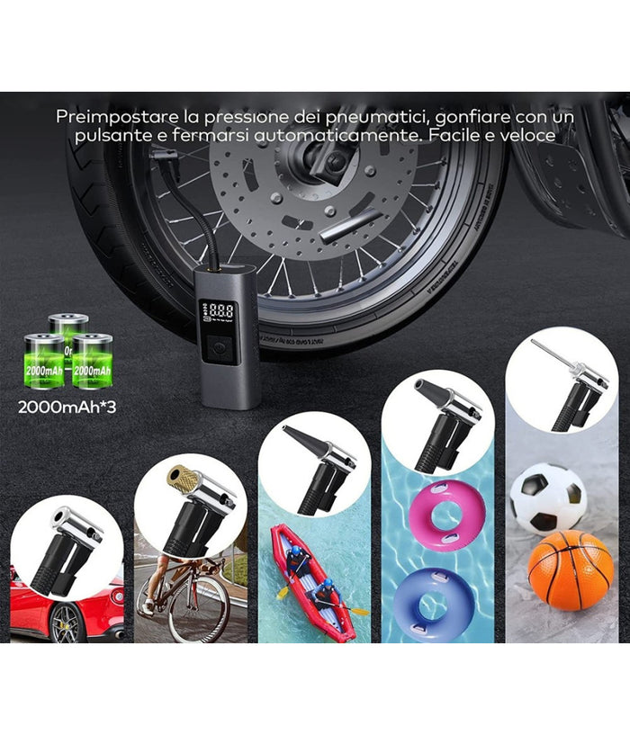 Mini Compressore Ad Aria Portatile Gonfiatore Ricaricabile Display Led Auto         