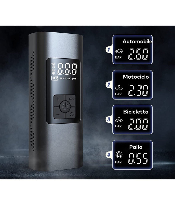 Mini Compressore Ad Aria Portatile Gonfiatore Ricaricabile Display Led Auto         