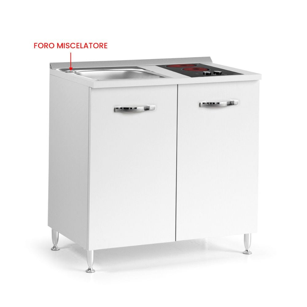 Mini cucina Cucinino80 bianco larice con lavello e piano cottura vetroceramica 80x60x85H