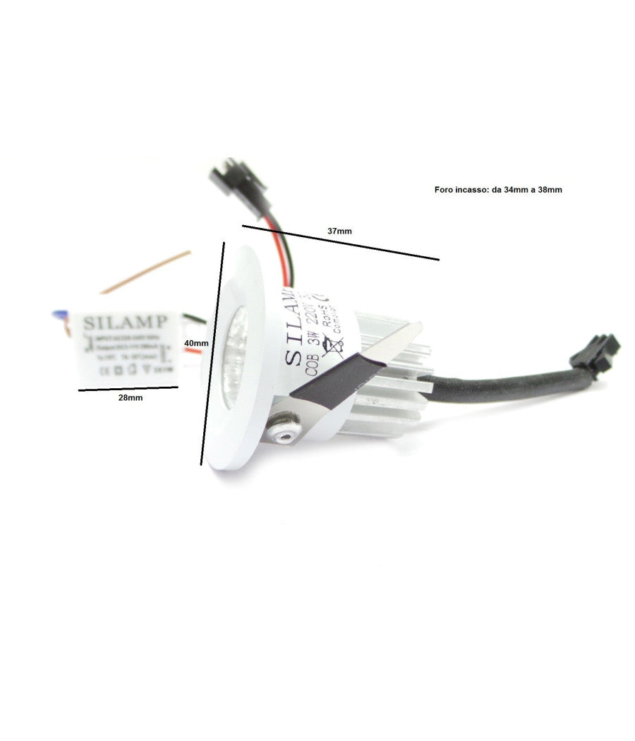 Mini Faretto Led Da Incasso 3w Cob 40mm Spot Incasso Molla Luce Calda Fredda  -bianco Caldo      -
