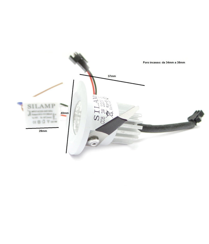 Mini Faretto Led Da Incasso 3w Cob 40mm Spot Incasso Molla Luce Calda Fredda         