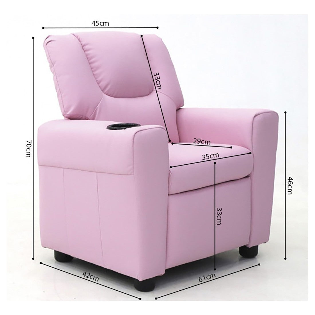 Mini poltrona relax ITCHI reclinabile manualmente in materiale PU di colore rosa.