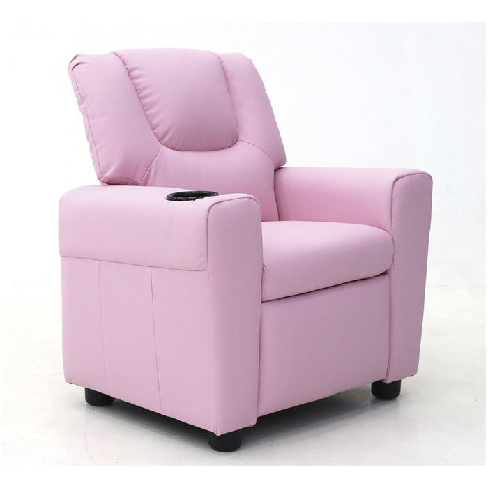 Mini poltrona relax ITCHI reclinabile manualmente in materiale PU di colore rosa.