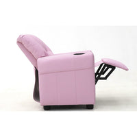 Mini poltrona relax ITCHI reclinabile manualmente in materiale PU di colore rosa.