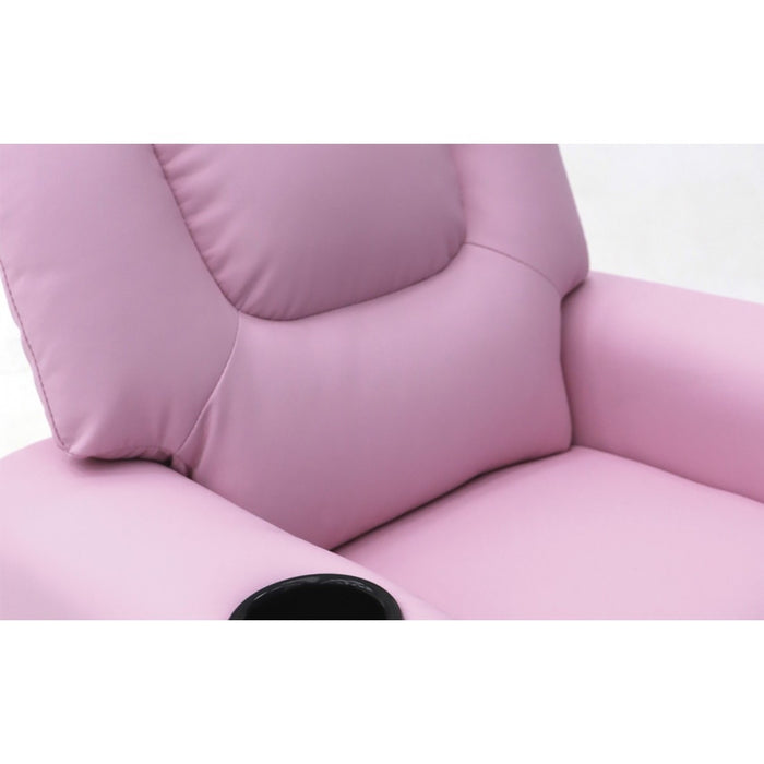Mini poltrona relax ITCHI reclinabile manualmente in materiale PU di colore rosa.