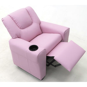 Mini poltrona relax ITCHI reclinabile manualmente in materiale PU di colore rosa.