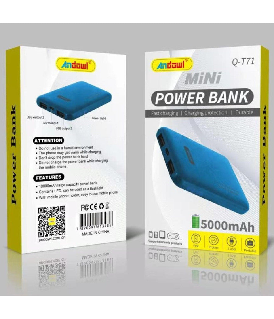 Mini Power Bank 5000mah Q-t71 Caricatore Ricarica Rapida Portatile 2 Porte Usb         