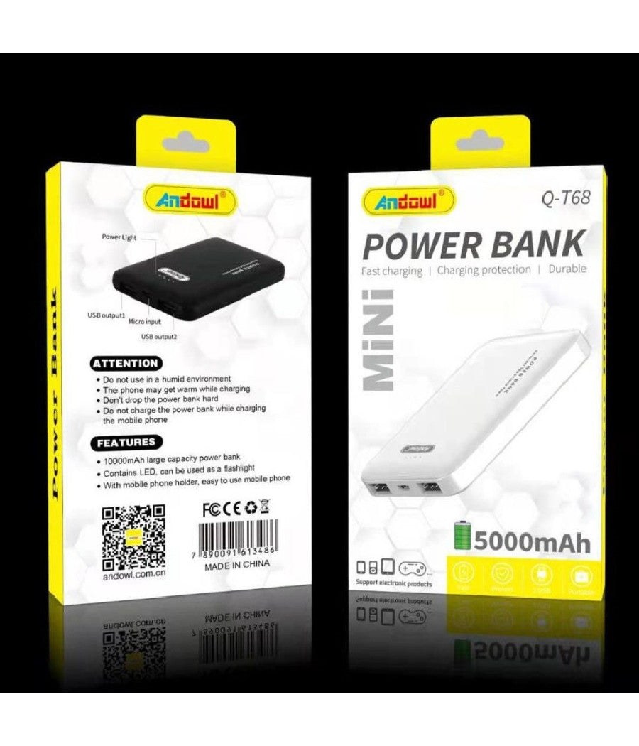 Mini Power Bank Capacità  5000mah Q-t68 Portatile Ricarica Rapida 2 Porte Usb         