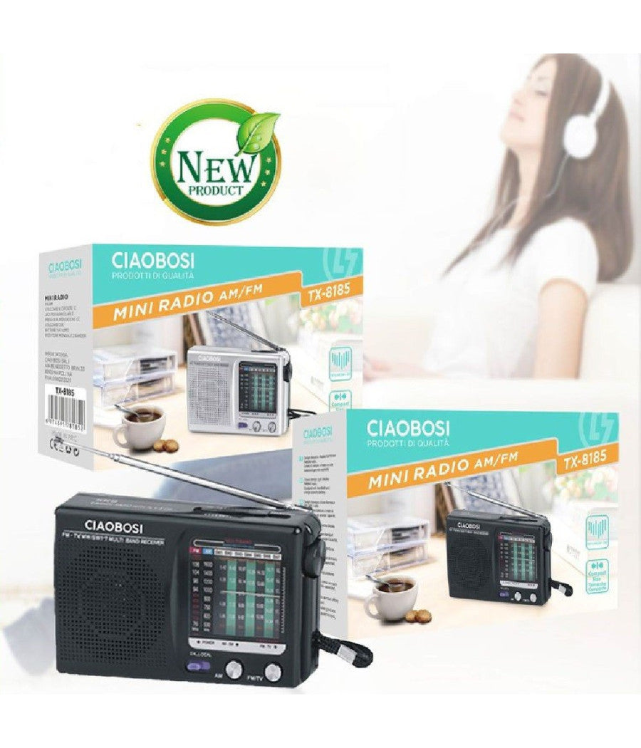 Mini Radio Fm Portatile 9 Bande Am Fm Mw Sw1-7 Con Ricevitore Audio Tv Tx-8185         