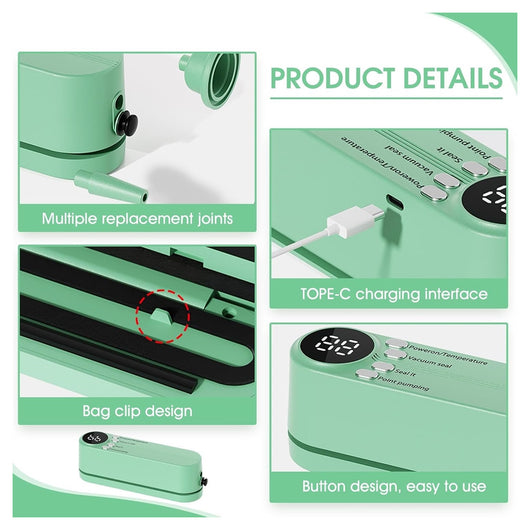 Trade Shop - Mini Sigillatore Per Sottovuoto 7in1 Portatile 3 Velocità Ricaricabile Con 5 Sacchetti -