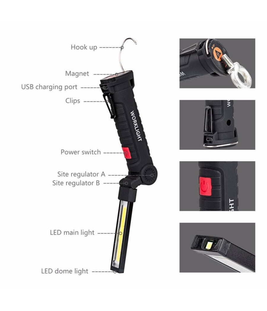 Mini Torcia Ricaricabile Led Cob Magnetica Snodata Luce Lampada Lavoro Meccanico         